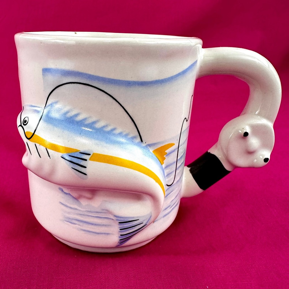 Vintage 70s 80s 3D Fishing Fish Reel Coffee Mug Cup Tea Emson Fisherman Gift‎